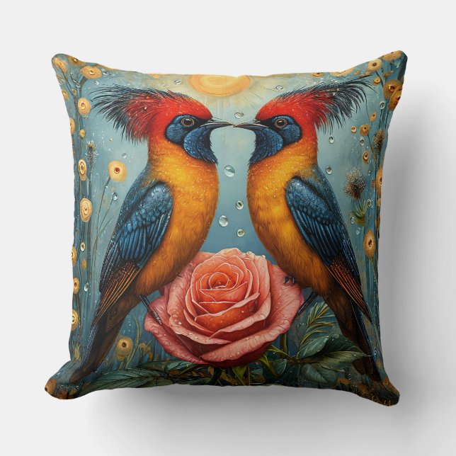 Almofada Aves Exóticas Espelhadas Acima da Rosa Rosa Românt (Frente)