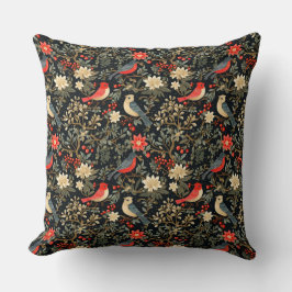 Almofada Aves Festivas Elegantes e Vermelho Natal Floral