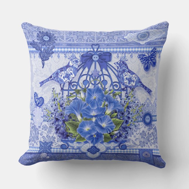 Almofada Aves Porcelanas Azuis e Aves (Frente)