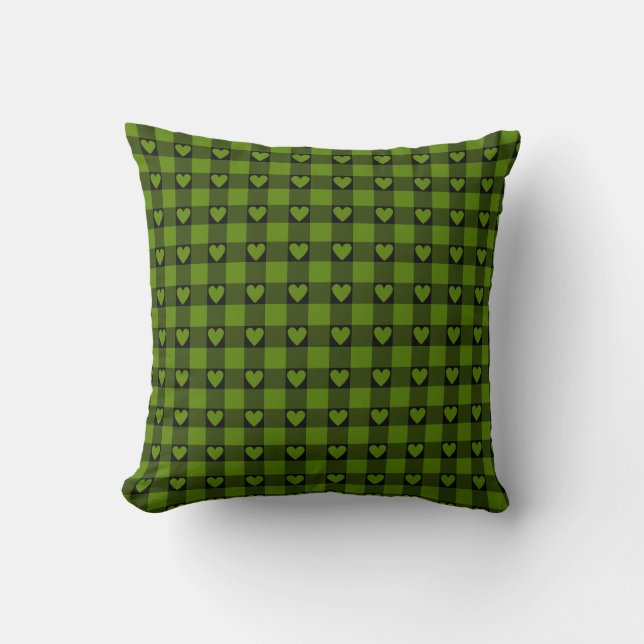 Almofada Avocado Green Black Buffalo Heart Plaid (Frente)