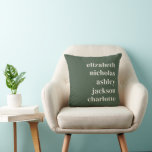 Almofada Avós Nomes Green Modern Trendy Gift<br><div class="desc">Acelere qualquer espaço com esse impressionante Travesseiro decorativo Verde, apresentando uma tipografia moderna e ousada que mostra orgulhosamente os nomes de netos queridos. Este design de tendências combina estilo contemporâneo com sentimento sincero, fazer-o como um presente perfeito para avós. Seja exibido em um sofá, cama, ou cadeira favorita, esse saque...</div>