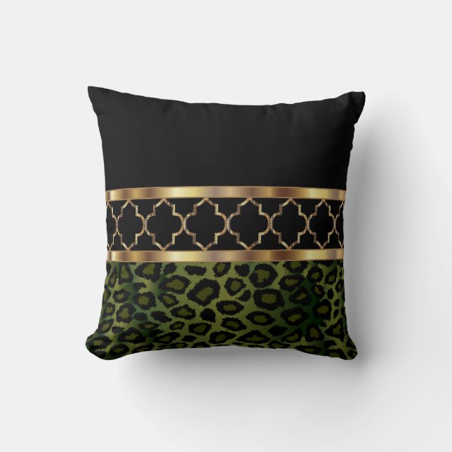 Almofada Azeite verde, Preto e Dourado Quatrefoil e Leopard (Frente)