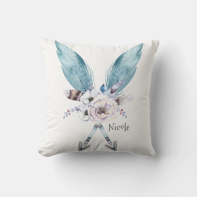 Almofada Azul Boho Boêmio Chic Flechas Floral Pena (Frente)