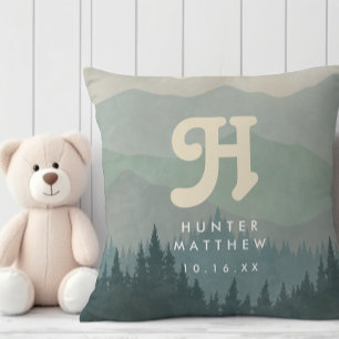 Almofada Azul Boho Monograma Montanha e Floresta Retro Nurs