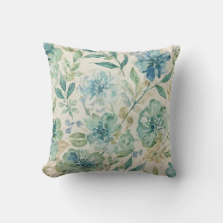 Almofada Azul Céu Verde Água-Marina Bege Creme Floral Abstr