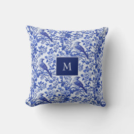 Almofada Azul Chinoiserie Floral Monograma de Pássaro