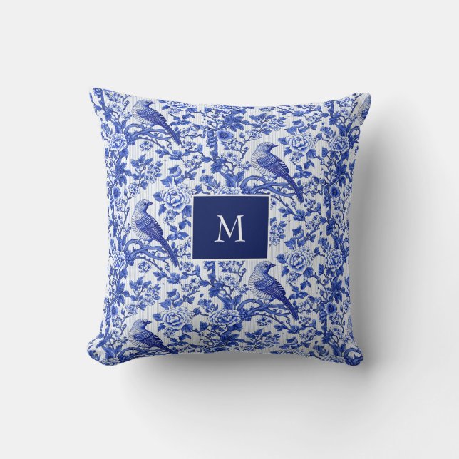Almofada Azul Chinoiserie Floral Monograma de Pássaro (Frente)