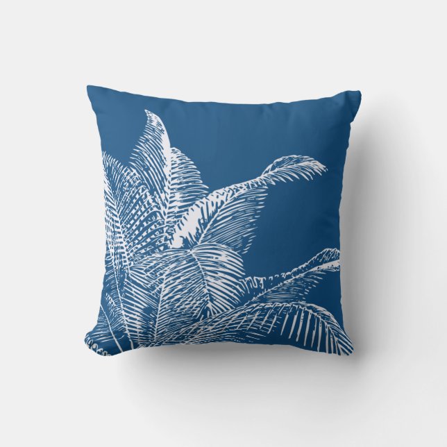 Almofada Azul Clássico e Botânico Branco | Palma tropical (Frente)