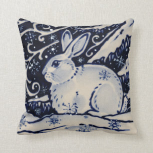 Almofada Azul Coelho Branco Neve Inverno Chinoiserie Cobalt