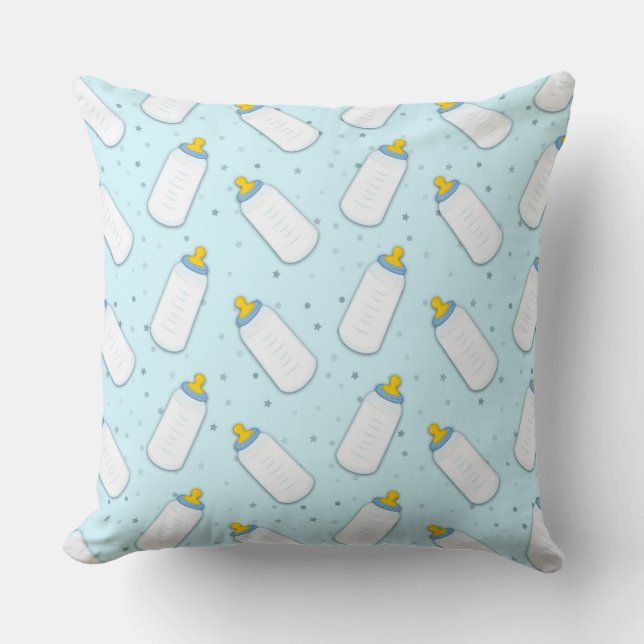 ALMOFADA AZUL COM GARRAFAS DE BEBÊ BRANCO E ESTRELAS AMAREL (Frente)