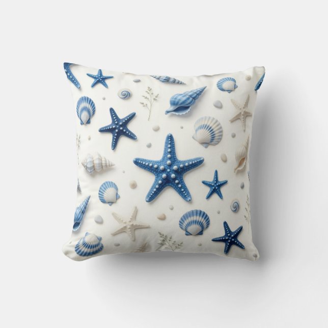 Almofada Azul Costeiro e Conchas Marinhas Brancas e Estrela (Frente)