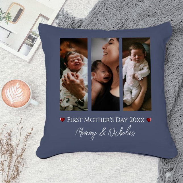 Almofada Azul de Colagem de Fotografias do Primeiro Dia de  (Blue First Mother's Day Three Photo Collage Throw Pillow)