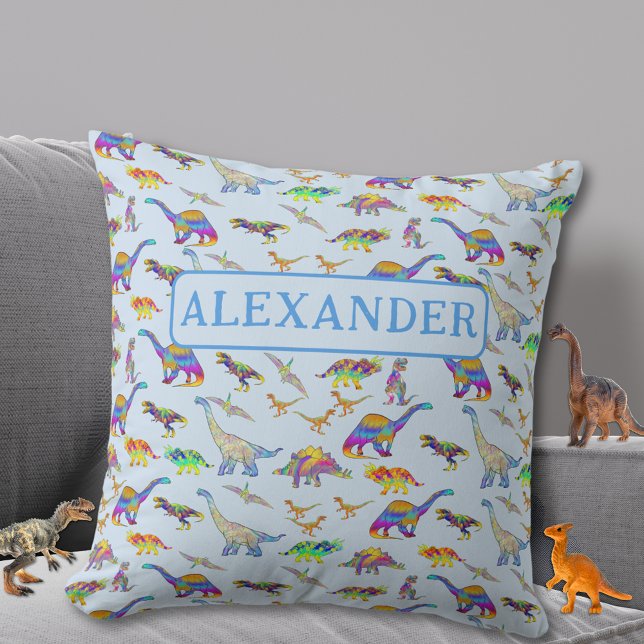 Almofada Azul de dinossauro personalizado (Colorful dinosaur pattern custom name blue pillow for Jurassic dino lovers)