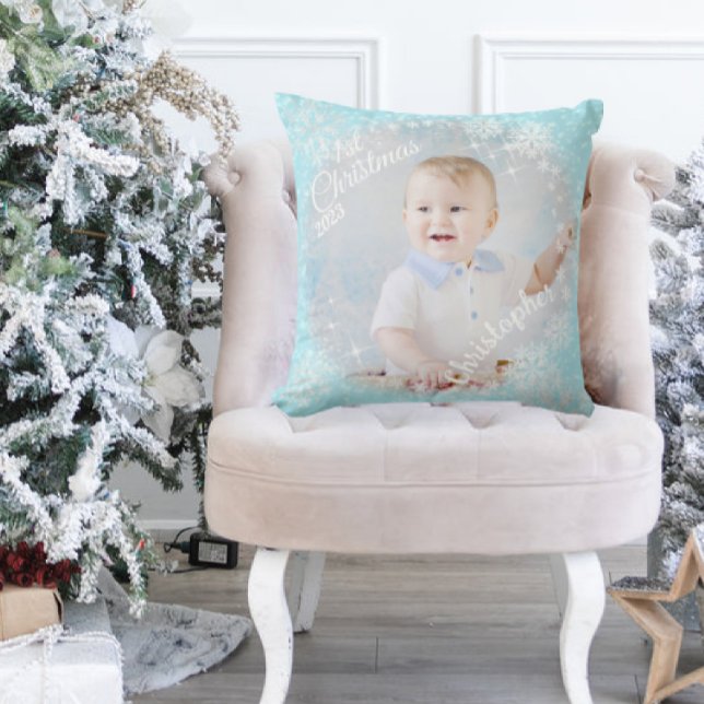 Almofada Azul de neve com brilho (Sweet pastel with snow flakes design. Get this 1st Christmas pillow for your precious one. )
