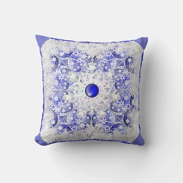 Almofada Azul de rendas cerâmicas de Grécia e floco de neve (Frente)