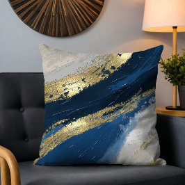 Almofada Azul, Dourado Abstrato Brushstrokes, Chic Modern