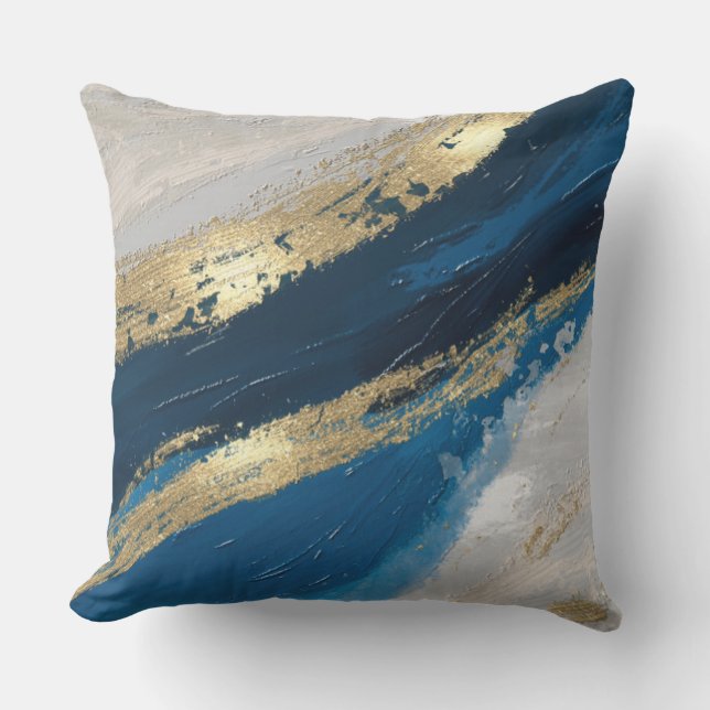 Almofada Azul, Dourado Abstrato Brushstrokes, Chic Modern (Frente)