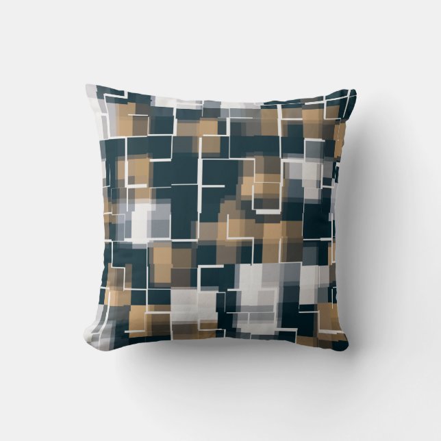 Almofada Azul Dourado Marrom Preto Branco Xadrez (Frente)