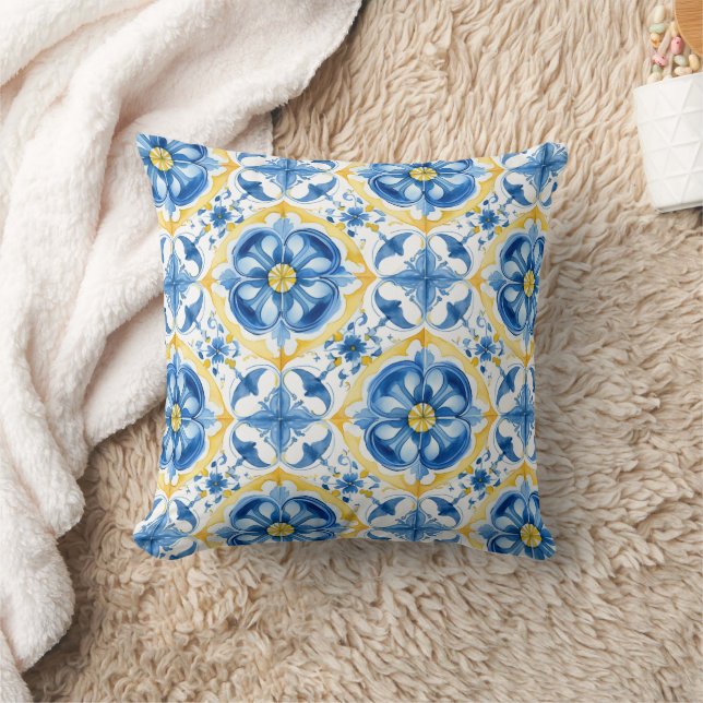 Almofada 💛 💙 Azul e amarelo, floral de aquarela Azulejos (Cobertor)