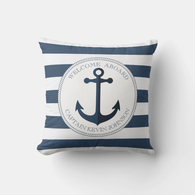Almofada Azul e branco listrado com âncora personalizada (Frente)
