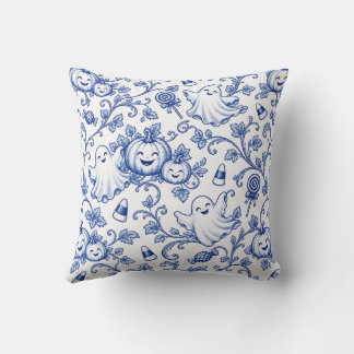 Almofada Azul e Branco Padrão Toile de Halloween Fantasmas 