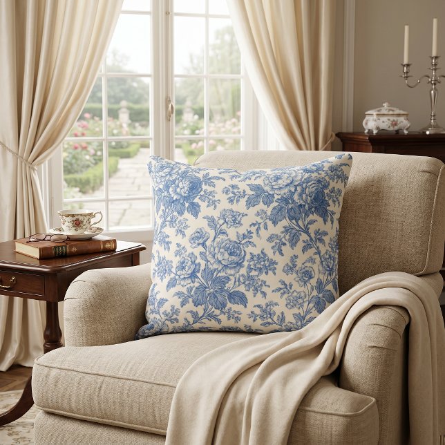Almofada Azul e Creme Floral Toile de Jouy (Criador carregado)