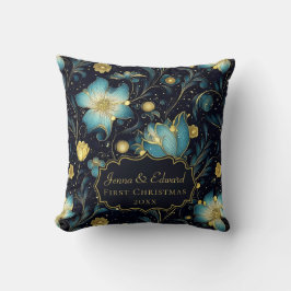 Almofada Azul e Dourado Floral de meia-noite elegante perso