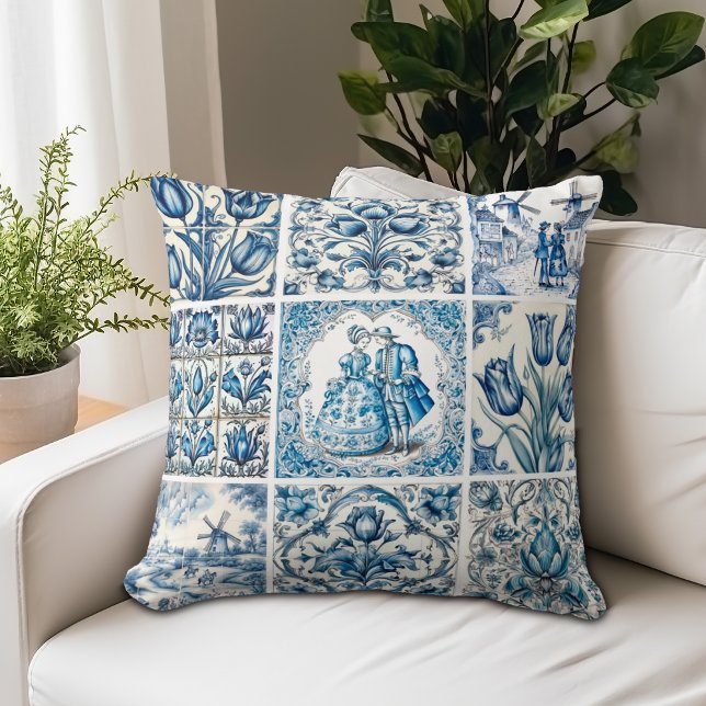 Almofada Azul Elegante Floral Toile Vintage (Criador carregado)