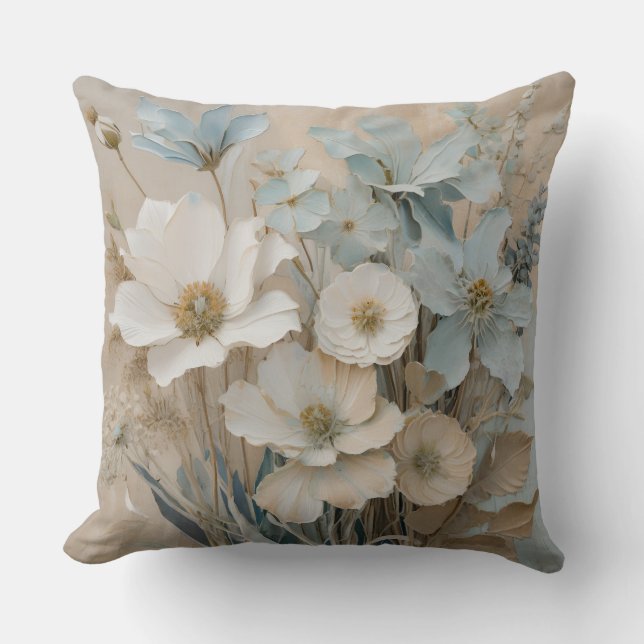 Almofada Azul empoeirado Bege Branco Creme Floral (Frente)