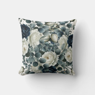 Almofada Azul Escuro e Branco Floral Verde Moderno