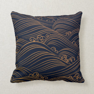 Almofada azul escuro e Dourado do teste padrão de onda