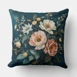 Almofada Azul Escuro Turquesa Laranja Floral Vintage Cottag