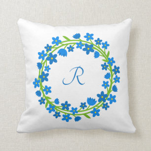 Almofada Azul Esqueça-me, não coroa floral com monograma