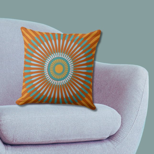 Almofada Azul étnico e Flor Estrela Centralizada Laranja (Ethnic Blue and Orange Centered Star Flower Throw Pillow)