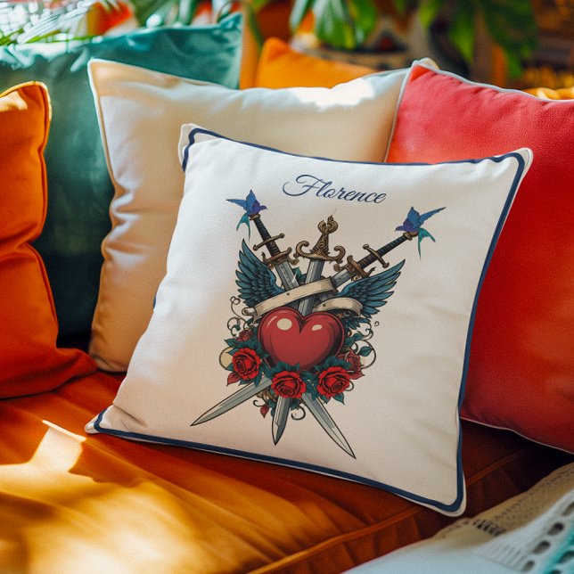 Almofada Azul Floral Vermelho do Coração Náutico (Criador carregado)