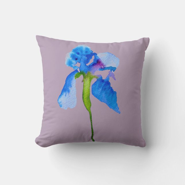 Almofada Azul Iris aquarela flores grandes florais (Frente)