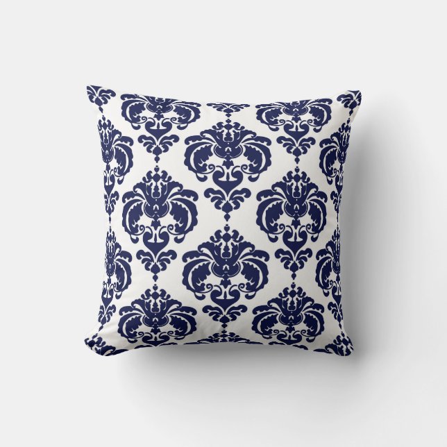 Almofada Azul Marinho & Branco Damask Padrão Moderno Elegan (Frente)