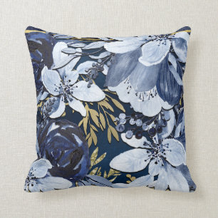 Almofada Azul Marinho & Dourado Floral Hidrográfico Moderno