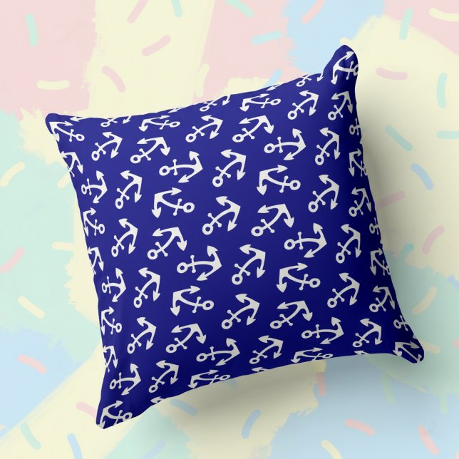 Almofada Azul Marinho E Âncoras Brancas Náuticas Algodão Gr (Navy blue and white anchor pillow.)
