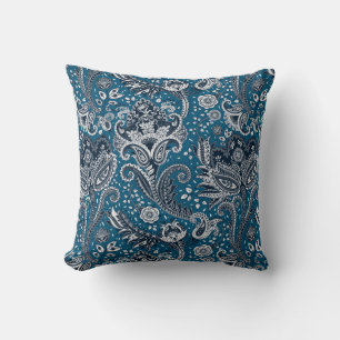 Almofada Azul Marinho e Floral Paisley Boêmio Boho Branco