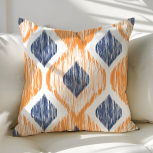 Almofada Azul Marinho e Laranja Padrão Ikat Ogee