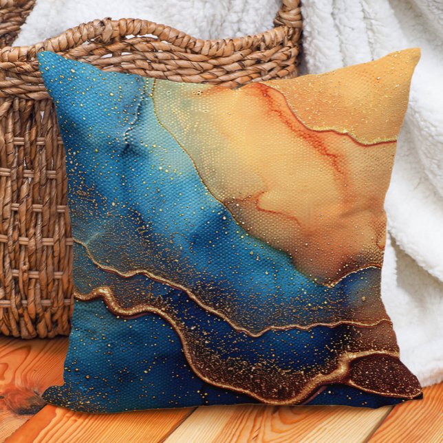 Almofada Azul Marrom Abstrato Tinta Alcoólica Artística (Teal/blue and orange marbled abstract decorator pillow)