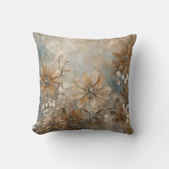 Almofada Azul Marrom Bege Floral Farmhouse (Frente)