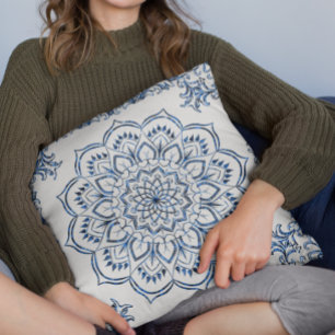 Almofada Azul Metálico Elegante Decoração Mandala