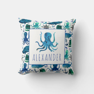 Almofada Azul Náutico Cor Sob O Octopus Marítimo
