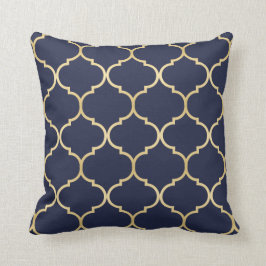 Almofada Azul Padrão de Quatrefoil Dourado Faux
