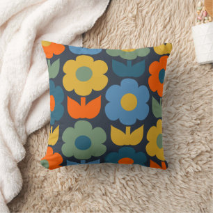 Almofada Azul Padrão Floral Moderno Retro Scandi Cute