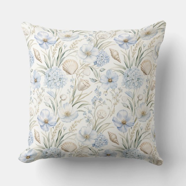 ALMOFADA AZUL PASTEL & CONCHAS E FLORES BEGE (Frente)