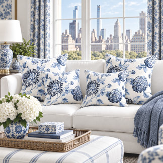Almofada Azul Periwinkle e Floral Branco Toile Nº 2