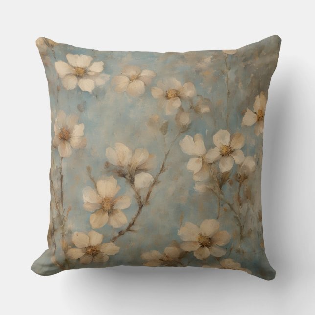 Almofada Azul Pêssego Marrom Floral Fazenda (Frente)